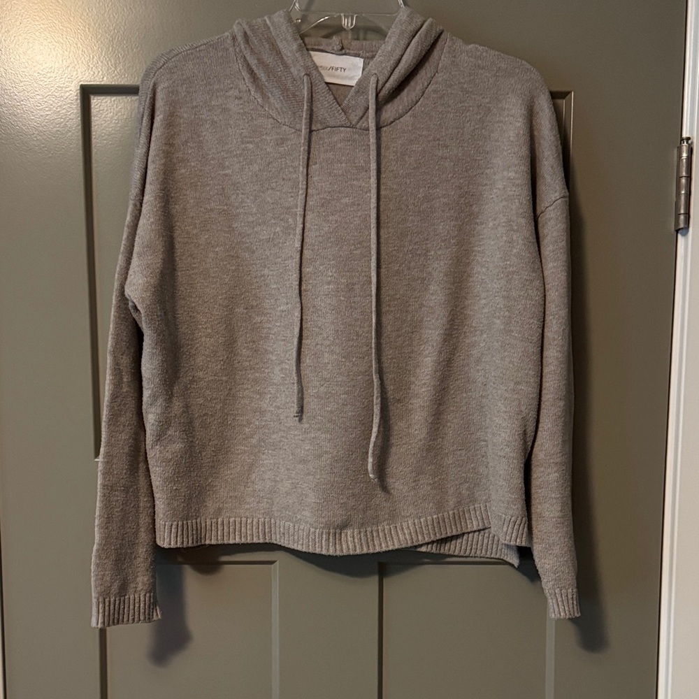 Cozy Heather Tan/Gray Hooded Sweater With Pink Smiley Face On The Back